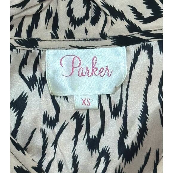 PARKER 100% Silk Cold Shoulder V-Neck Mini Dress Animal Print Banded Waist Pink - Picture 5 of 7